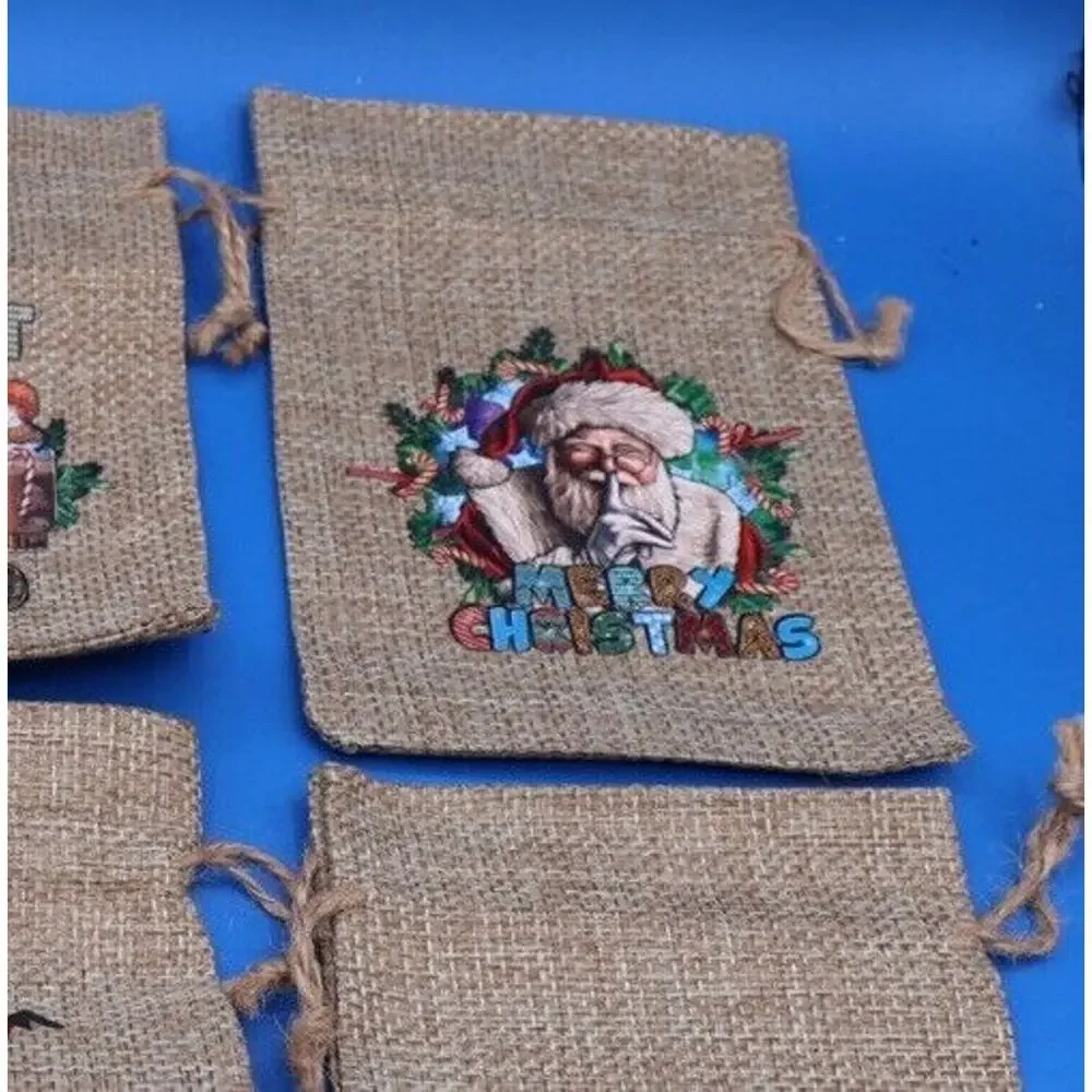12 Christmas Drawstring Bags 6”x4” Mini Candy Burlap Bags. New